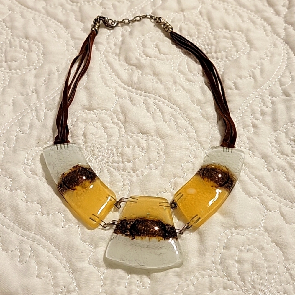 Handmade Art Glass Necklace - White/Brown